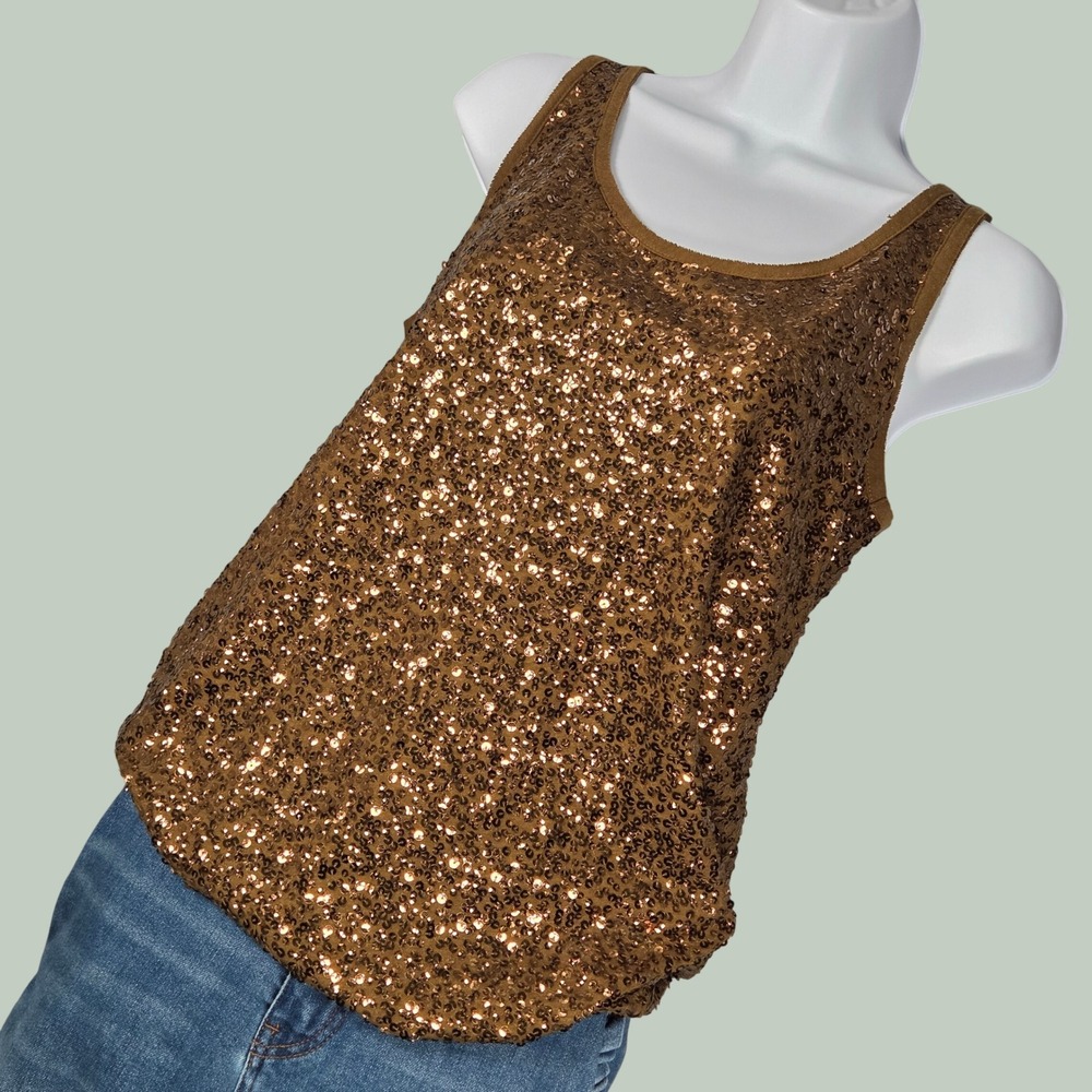 J.Crew NEW Women Medium Full Sequin Tank Top Bronze Cotton Linen Blend Layering
